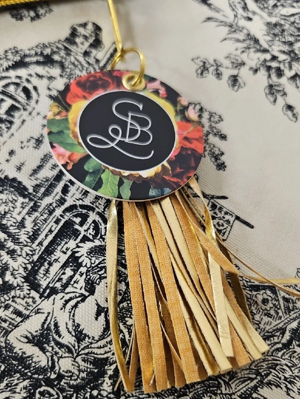 Gold Stripe Rose Print Cosmetic Pouch with Gold Tassel